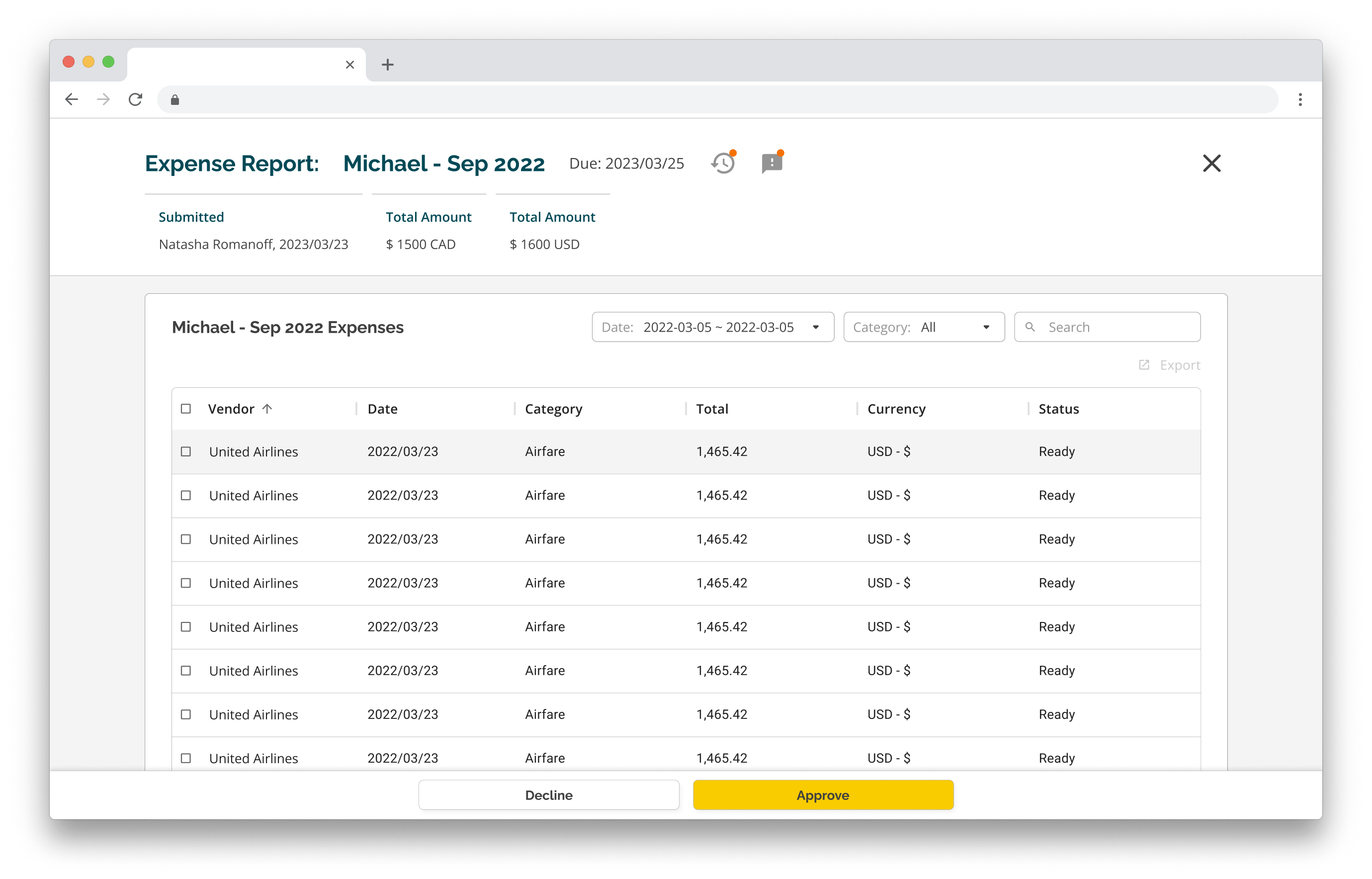 Expense App Wireframe in chrome - Approval View