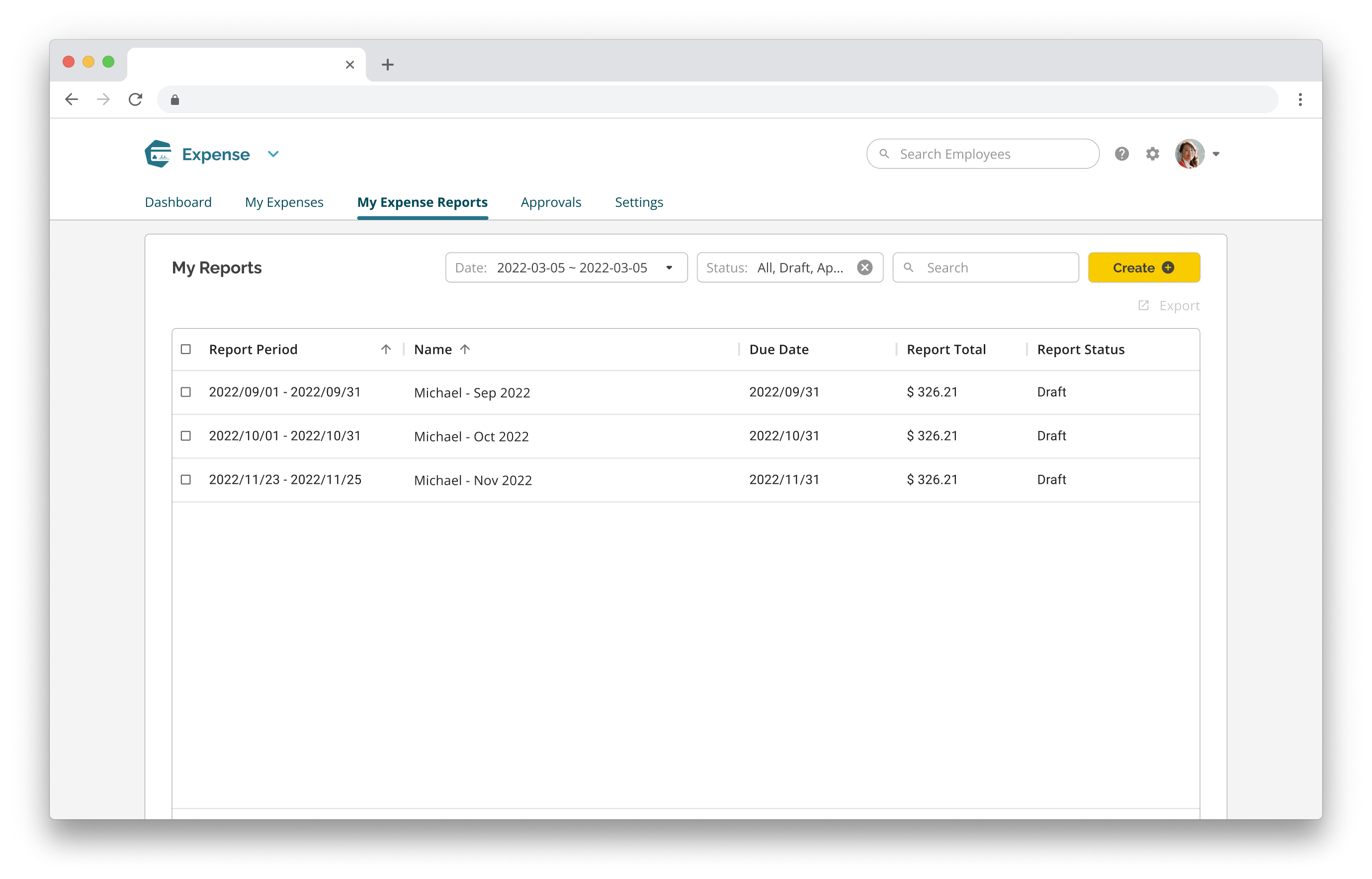 Expense App Wireframe in chrome - report View